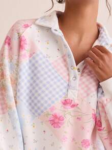 Women Oversized Floral Patchwork Sweatshirt Y2k Button Front Turn Down Collar Long Sleeve Sweatshirts Pullover Top Vintage Aesthetic Casual Daily Going Out Tee Shirt Tops Vacation Beach Streetwear - 粉紅色 - 查看 5