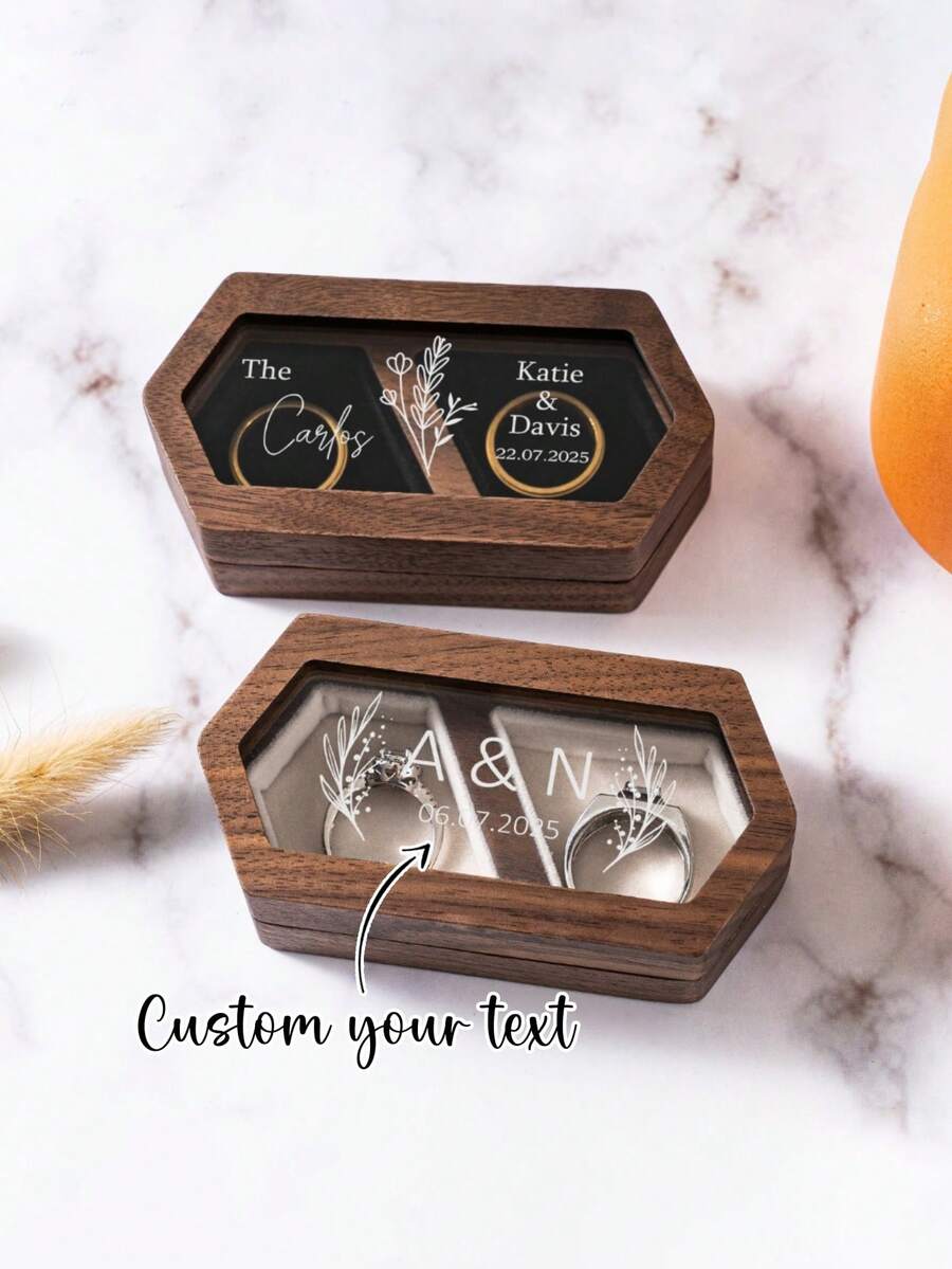 1pc Personalized Wooden Double Slot Ring Box, Valentine's Day Gift, Wedding Decor, Customized Ring Holder, Engagement Wedding Ceremony Ring Box ,Closet Organizers And Storage