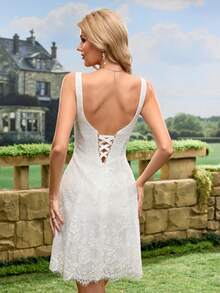 复洛克白色蕾丝伴娘礼服，短款派对礼服，适合婚礼季、新娘送礼会、春季新娘礼物 - 白色 - 查看 3