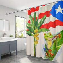 1pc Puerto Rico Tropical Frog & Banana Polyester Shower Curtain, 72x72 Inches, Waterproof Knitted Fabric, Machine Washable, Patriotic Floral Pattern, Comes With Hooks - Multicolor - View 13