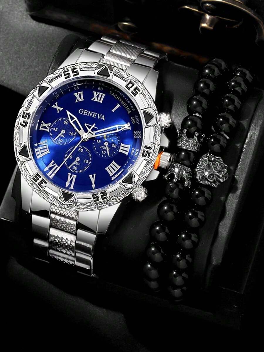 Set de 3 piezas Reloj de cuarzo con correa de acero multifuncional y elegante para hombres con corona de león y pulsera de cuentas, adecuado para negocios, fiestas y uso diario, mejor regalo para hombres - Plateado - Ver 1