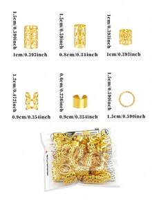 60件套辫子发饰，金色辫子夹，无需耳洞的耳夹，夏季多款脏辫饰品，金属脏辫配件，女士和女孩发饰，发夹，发卡 - 金色 - 查看 2