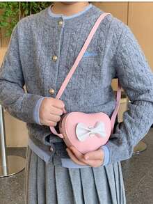 New Bow Heart Zipper Closure Durable Lightweight Portable Classic Casual Fashion Versatile Comfortable Spacious Shoulder Bag, Suitable For Various Occasions - LT822 Pink and White - View 2