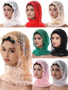 1 pieza Pañuelo para la cabeza con borlas de cuentas hecho a mano para mujer, adecuado para bodas y reuniones, gorro para dormir - Multicolor - Ver 9