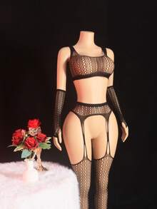 3件套女士黑色镂空网纱吊带背心、透明连裤袜、袖口吊袜带性感内衣套装 - 黑色 - 查看 3