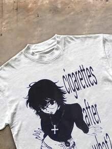 Y2KCHAOS (180g Pure Cotton T-Shirt) Men's T-Shirt Streetwear Style Casual Graphic Tee With Anime Character Print And Cigarettes After What Text Design For Young Adults And Urban Fashion Lovers - 白色 - 查看 1