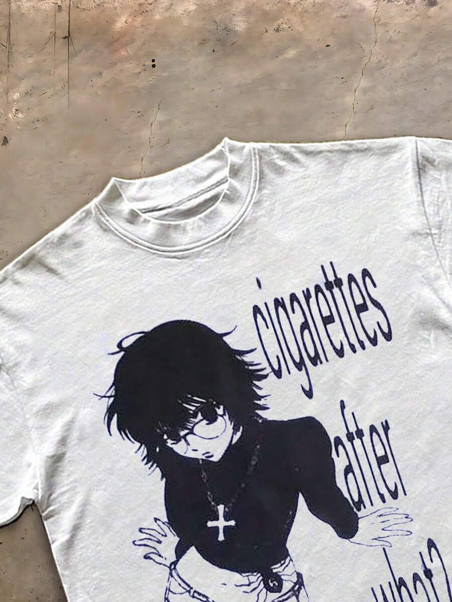Y2KCHAOS (180g Pure Cotton T-Shirt) Men's T-Shirt Streetwear Style Casual Graphic Tee With Anime Character Print And Cigarettes After What Text Design For Young Adults And Urban Fashion Lovers - 白色 - 查看 1