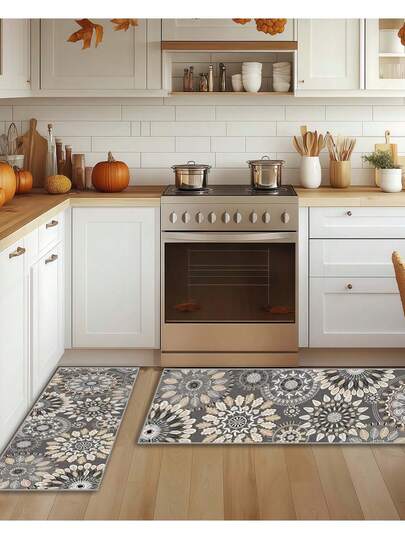 1/2/3pcs Mandala Floral Pattern Kitchen Mat Set, Soft Non-Slip Washable Rugs With Elegant Gold And Black Designs, TPR Backing And 100% Polyester, Decorative Floor Mats For Kitchen, Bathroom, Laundry Room