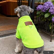 一件蓝绿色/黄绿色/红色/灰色宠物抓绒毛衣，休闲风格，柔软抓绒面料，长袖套头衫款式，配有皮革标签和内置牵引绳环，保暖舒适，可搭配牵引绳，适合日常散步、室内穿着及秋冬季穿着。 - 彩色 - 查看 27