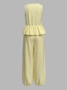 女士无袖泡泡袖上衣和灯笼裤两件套，时尚宽松版型，适合日常休闲和度假穿着，春夏款 - 淡黃色 - 查看 3