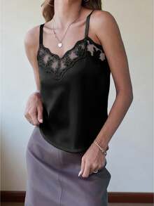 Women's Satin Camisoles Spaghetti Strap Delicate Lace Trim Sleeveless Tops Comfortable Summer Vest - Black - View 1