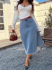 EARO Chic Women's Denim Maxi Dress, Fitted With Slit And Frayed Hem, Elegant Casual Versatile For Summer - Baby Blue - View 6