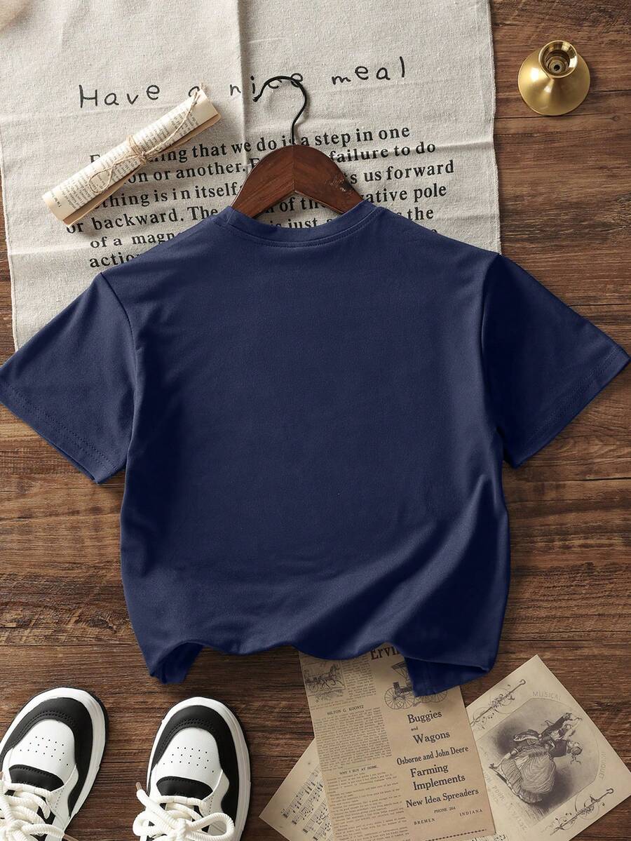 Tween Boys Casual Printed Crew Neck Short Sleeve T-Shirt, Summer Top - Navy Blue - View 1