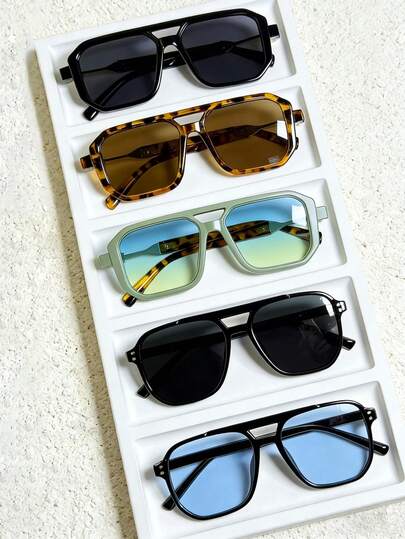 5 piezas Gafas de moda con doble puente para mujer, modernas, informales y elegantes, de colores vibrantes, fabricadas con materiales de alta calidad, cómodas de llevar, ideales para fiestas, vacaciones, viajes al aire libre, senderismo, fotografía, atuendos de mujer, regalos informales de negocios, accesorios de playa, con protección contra la arena y el viento, para usar en cualquier temporada.