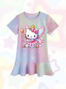Hello Kitty Fairy Girls Summer Casual Colorful Striped Short Sleeved T Shirt Dress Teenage Girl S Dance Dress Sanrio Mother Daughter Outfit - cầu vồng - Xem 2
