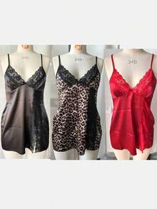Hourtrue Bộ đồ lót gợi cảm 3 món dành cho nữ, dây đeo có thể điều chỉnh, cổ chữ V, phối ren, xẻ tà cao, chất liệu satin, thoải mái khi mặc nhà. - Nhiều màu - Xem 12