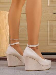 Elegant Commuter One-Buckle Strap Wedge Heel Pumps, Versatile Low Vamp Women Shoes, New Arrival - Beige - View 5