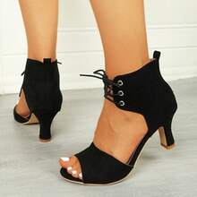 Women's Elegant Black Lace-Up Ankle Boots, Open Toe, Heeled, Low-Cut, 7cm Heel Height, Comma High Heels, Suitable For Office, Party, Outdoor - Black - View 6