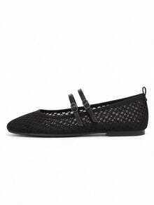 Women's Mesh Strap Buckle Flat Shoes, New Round Toe Casual Ballet Shoes, Versatile - Black - View 3
