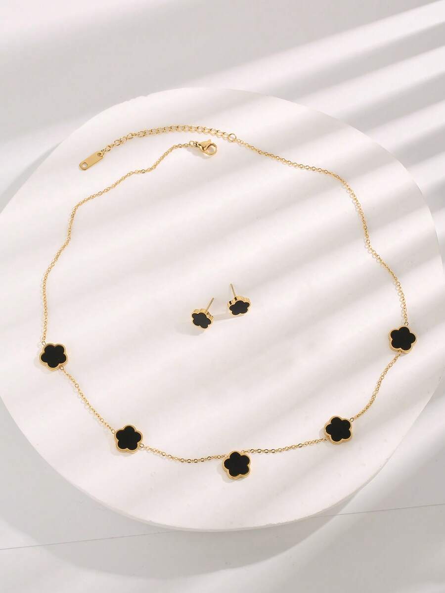 3pcs Fashion Stainless Steel Flower Decor Chain Necklace Earring Set For Women For Daily Life - Gold - View 1