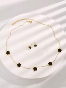 3pcs Fashion Stainless Steel Flower Decor Chain Necklace Earring Set For Women For Daily Life - Gold - View 18