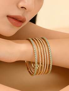 6件套时尚波西米亚风立方氧化锆镶嵌手镯，闪亮镀金水钻装饰手镯，适合派对、婚礼、节日配饰及女士日常佩戴 - 63MM - 查看 1