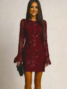 Rochie elegantă de petrecere pentru femei, cu imprimeu floral și mâneci tip trompetă cu imprimeu floral 3D, vară - Burgundia - Vizualizare 3