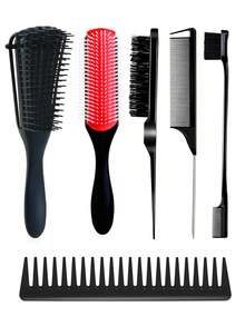 6pcs Comb Set, Including Wide Toothed Comb, Nine Row Brush, Massage Comb, Pointed Tail Comb, Bangs Comb, Styling Comb, Suitable For All Hair Types, Effectively Unclogging Tangled Hair. - Black - View 1