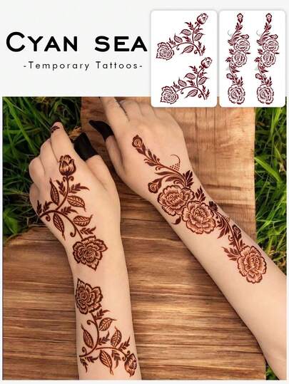 2 Sheets Of Valentine's Day Henna Temporary Tattoo Stickers, Red Rose Flower Henna Temporary Tattoo Stickers, Washable PVC Disposable Waterproof, Sweatproof, Non-Reflective Realistic Tattoo Stickers, Suitable For Waist And Knees, Suitable For Daily Use By Fashionistas, Lasting 3-5 Days.