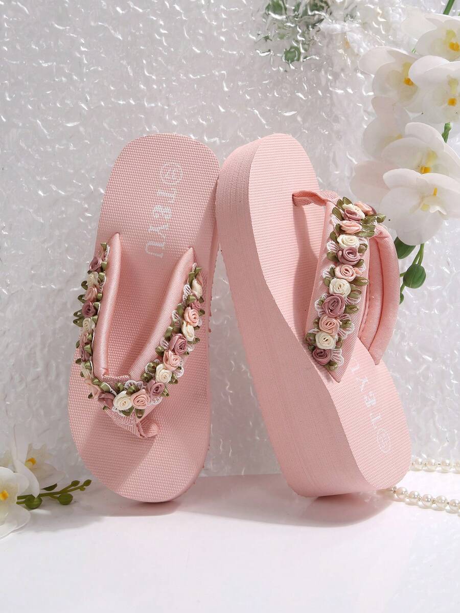 2026新款粉色花朵厚底人字拖，青少年夏季度假风，增高防滑拖鞋 - 粉色 - 查看 1