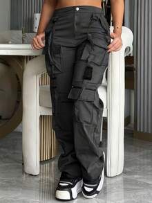 Women's Black Casual Street Style Cargo Pants With Buckle Lace-Up Design, Multiple Pockets, Retro Straight Leg Wide Leg Trousers, Fashionable Versatile Long Pants For Spring And Summer - Black - View 3
