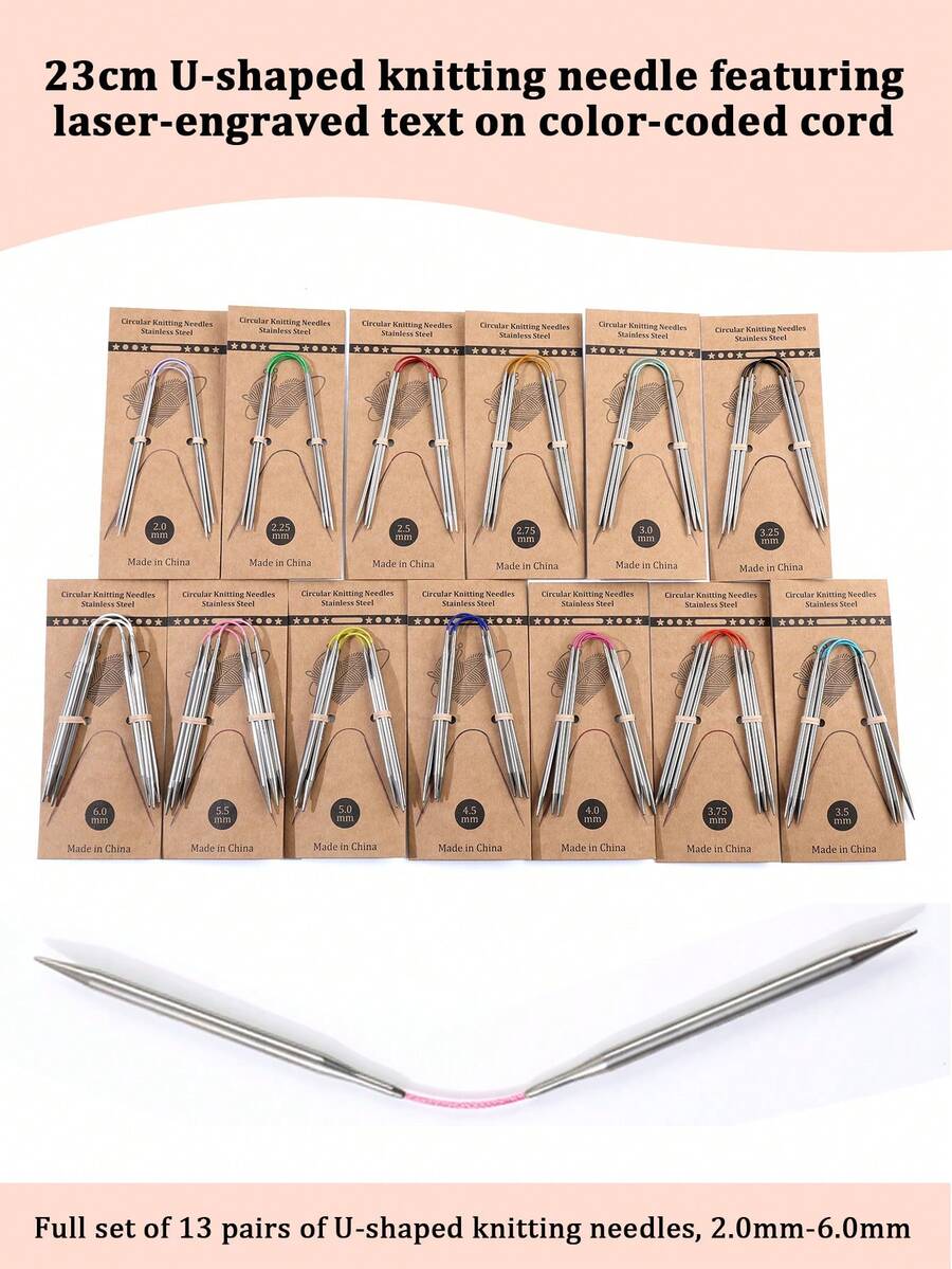 23厘米飞鸟图案针织套装，13种尺寸不锈钢环形针织针（随机颜色针线），DIY毛衣编织工具，针号2.0-6.0毫米 - 彩色 - 查看 1