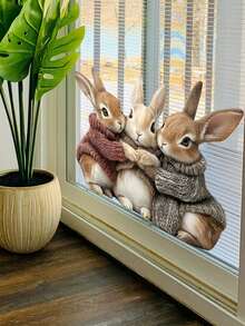 1pc 11.8 Inch New Easter Funny String Art 3 Cute Rabbits Single Layer Double-Sided Visible Fiber Optic Holiday Decoration Window Sticker, Easter Room, Bedroom Decor Sticker - Multicolor - View 3