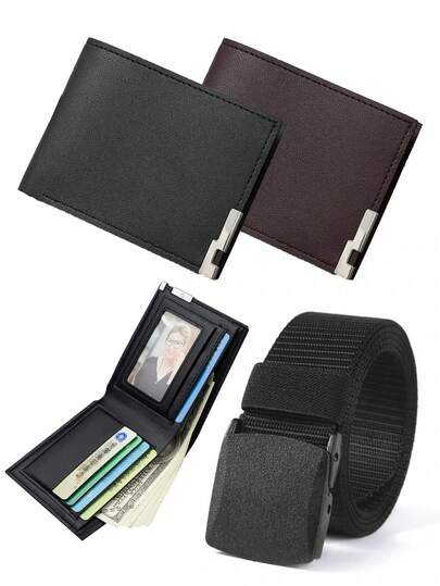 1. Cinturón militar táctico unisex de entrenamiento, de nailon y lona, sin metal, hipoalergénico\n2. Cartera de hombre, billetera plegable corta, con múltiples ranuras para tarjetas, de cuero delgado y casual de moda para hombres jóvenes