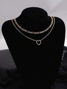 2pcs/Set Kalung Liontin Berbentuk Hati Tembaga Elegan dengan Batu Zirkonia Kubik, Cocok Dipakai Berlapis, Hadiah untuk Pacar di Hari Valentine - Yellow Gold - View 3