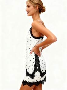 Women Summer Outfit Dot Print Lace Trim Spaghetti Strap Asymmetrical Tops And Shorts 2 Piece Casual Set - trắng - Xem 2