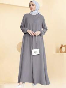GDfashion Women's Gray Loose Long Abaya, With Ruffle Sleeve Cuffs And Pleated Details, Islamic Casual Maxi Dress - Grey - View 2
