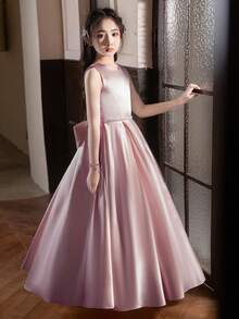 Teen GirlLotus Root Pink Dress Long Gown, Backless Bow Decor Princess Dress, Sleeveless Formal Dress Suitable For Girls' Birthday, Party, Graduation, Prom, Wedding Bridesmaid - 藕粉色 - 查看 3