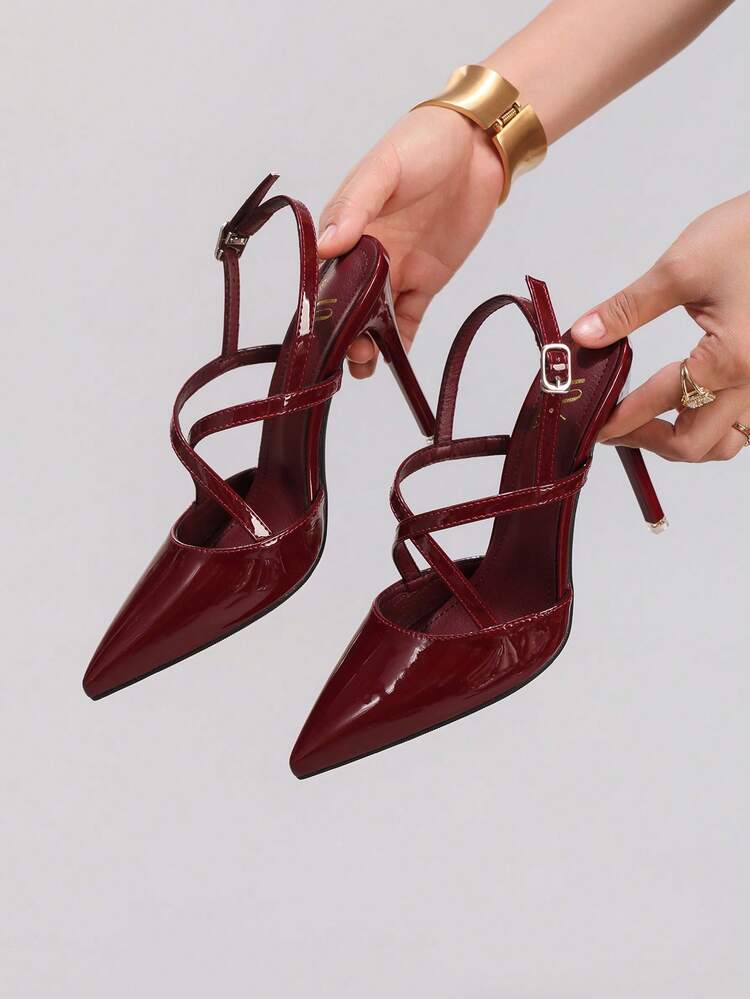 女士性感尖头高跟鞋，镂空超高跟派对鞋 - 酒紅色 - 查看 1