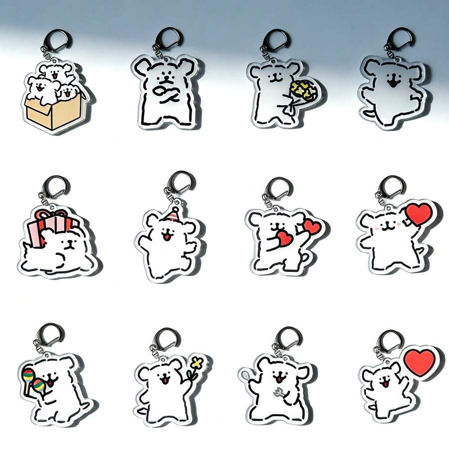 卡通线条小狗钥匙扣，亚克力学生挂件，可爱有趣的ins风背包挂饰，PVC钥匙圈收藏玩具，小礼物，包包配件 - 彩色 - 查看 1