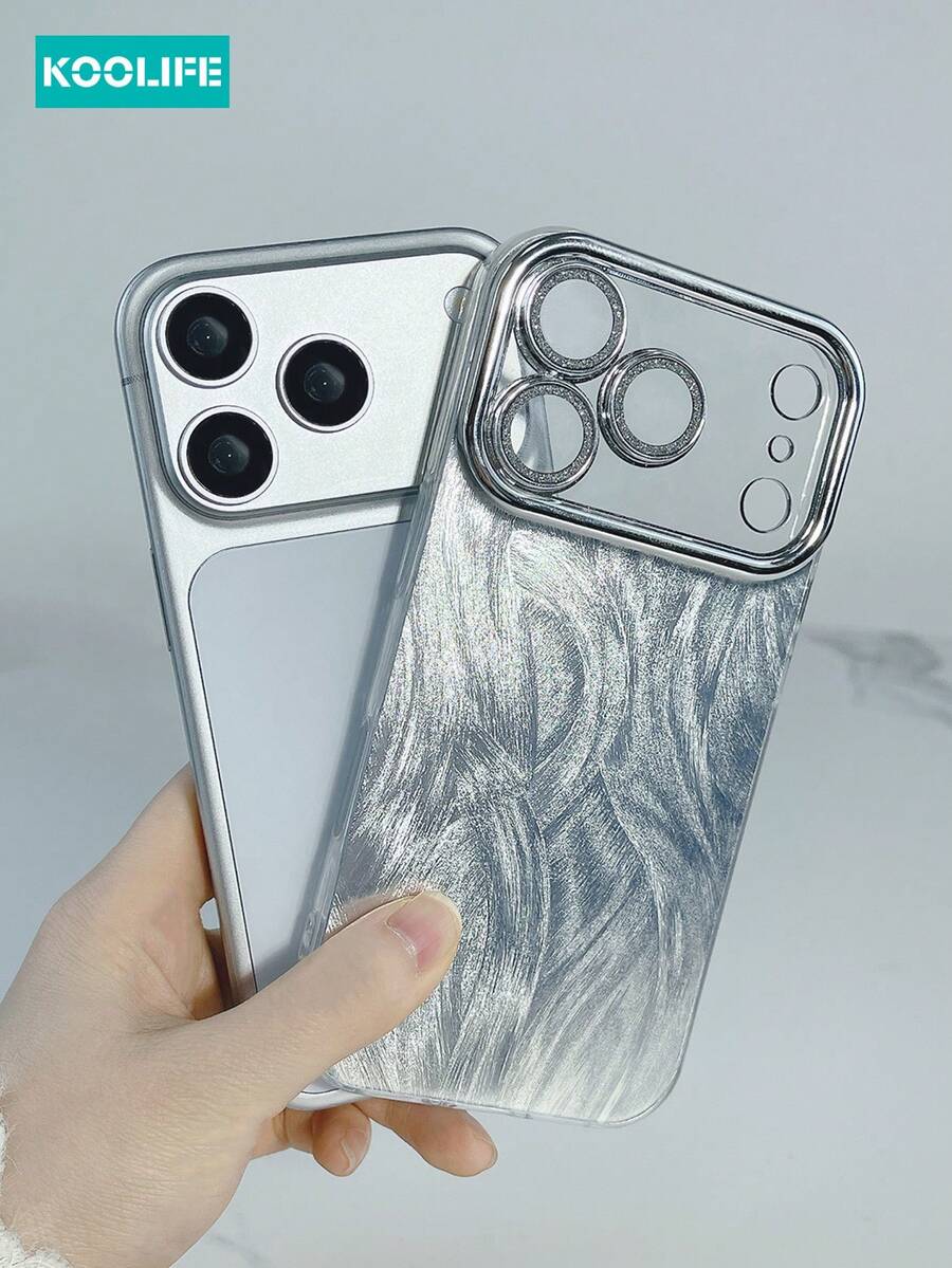 1pc Koolife Silver Feather Phone Case, Glitter Lens Film, PC+TPU Dual Lens Protection, Fashionable Anti-Drop Phone Case Compatible With IPhone 17/17 Pro/17 Pro Max - Silver - View 1