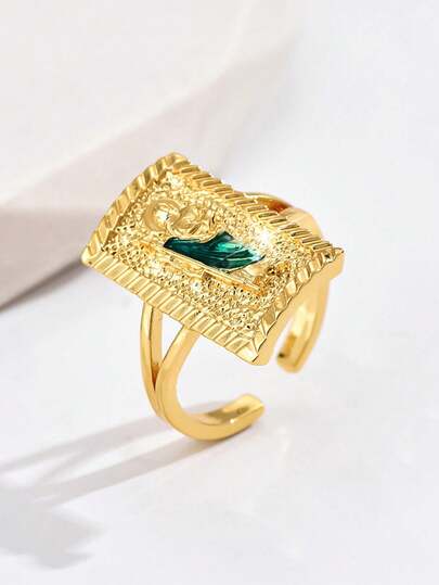 1 pieza Anillo sello cuadrado de la Virgen María con textura vintage 3D, anillo de nudillo de esmalte verde único, regalo de estilo de moda