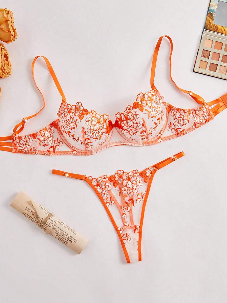 Halloween Style Sexy Transparent Floral Lace Lingerie Set For Women, Exquisitely Designed With Soft And Skin-Friendly Fabric, Available In 8 Vibrant Colors To Choose From. - 橘色 - 查看 1