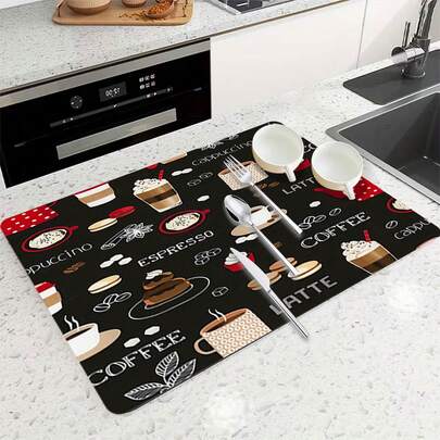 1pc Coffee & Dessert Pattern Mat, Kitchen Counter Draining Mat, Washing Machine & Dryer Top Protector, Diatomite, Washing Machine Dust Cover, Kitchen Accessory, Anti-Slip, Suitable For Laundry Room, Bathroom, Home Decor And Room Decor