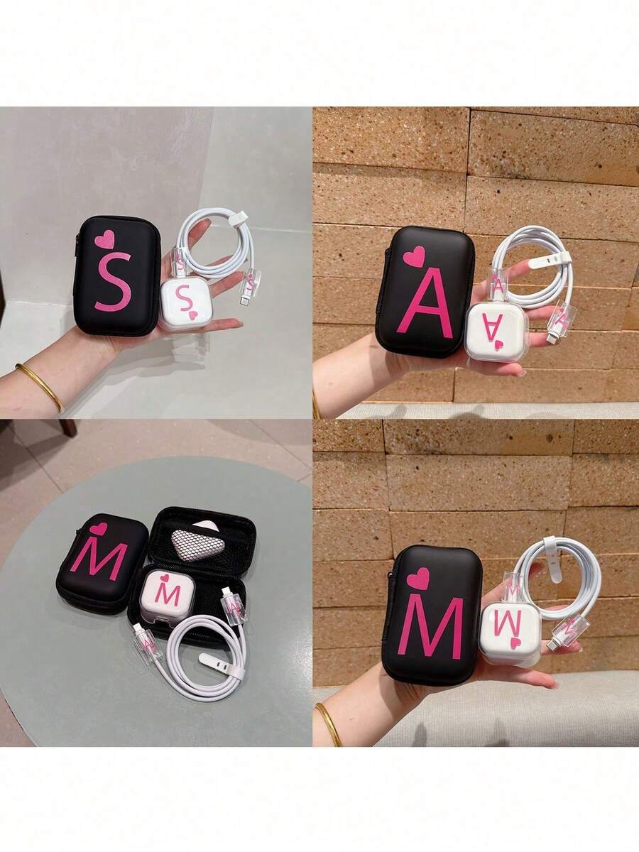 5-In-1 UK 20W Charger, Cable, Protective Case & Organizer Set (1 Black Cable Organizer Pouch, 1 UK 20W Charger Protective Case, 2 Cable Savers, 1 White Cable Tie) With UV Printed Pink Heart & Alphabet Pattern, Compatible With UK Apple 20W Fast Charger - Multicolor - View 1