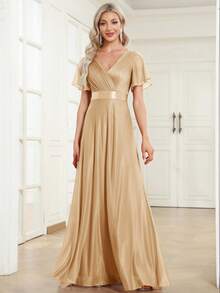 EVERPRETTY Elegante vestido de dama de honor con cuello en V, volantes y lentejuelas, vestido de noche formal para boda de primavera - Dorado - Ver 3
