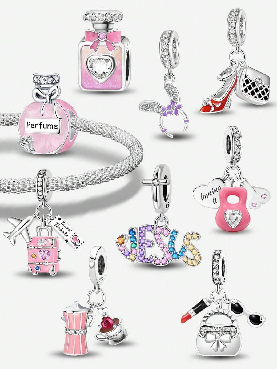 1颗925纯银郁金香和四叶草花朵吊坠珠，适合女士手链、手镯DIY饰品制作和日常配饰装饰。 - 集合1 - 查看 1