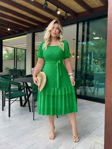 Elegant Women's Casual Dress, Fabric, Hem With Ruffle, Knot, Pleated, Women's Evening Wedding Dress - 綠色 - 查看 2