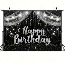 1pc Black & Silver Birthday Backdrop, Happy Birthday Photography Background, Silver Glitter Birthday Party Decorative Banner, Photo Studio Props, Photography Background Foot Decor, Party Photo Backdrop - Multicolor - View 6