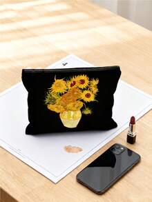 Oil Painting Sunflower Pattern Cosmetic Bag,Cosmetic Organizer,Toiletry Bag, Clutch Bag, Lightweight Foldable Storage Bag ,Travel Essential Bag - Multicolor - View 12